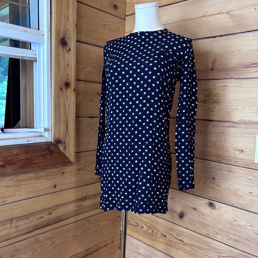 Polka Dot Shift Tunic Mini Dress Women Small Navy Blue Twee Mod Nice Things - Picture 2 of 8